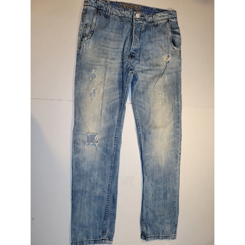 Desigual Men Jeans Regular Straight Size W34 L32 Button Fly Ripped 5 Pocket Blue